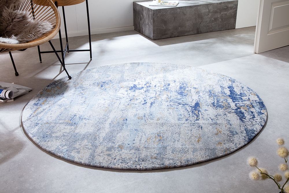 Vintage Teppich MODERN ART 150cm blau verwaschen rund Used Look