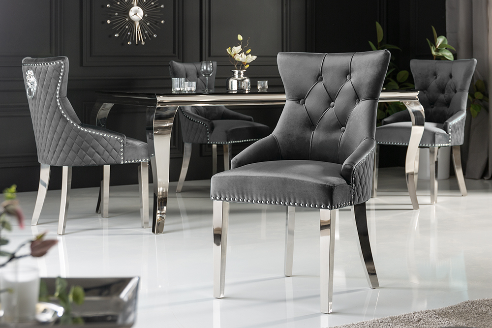 Eleganter Stuhl CASTLE DELUXE grau Samt Löwenkopf Chesterfield Design Esszimmerstuhl Nieten