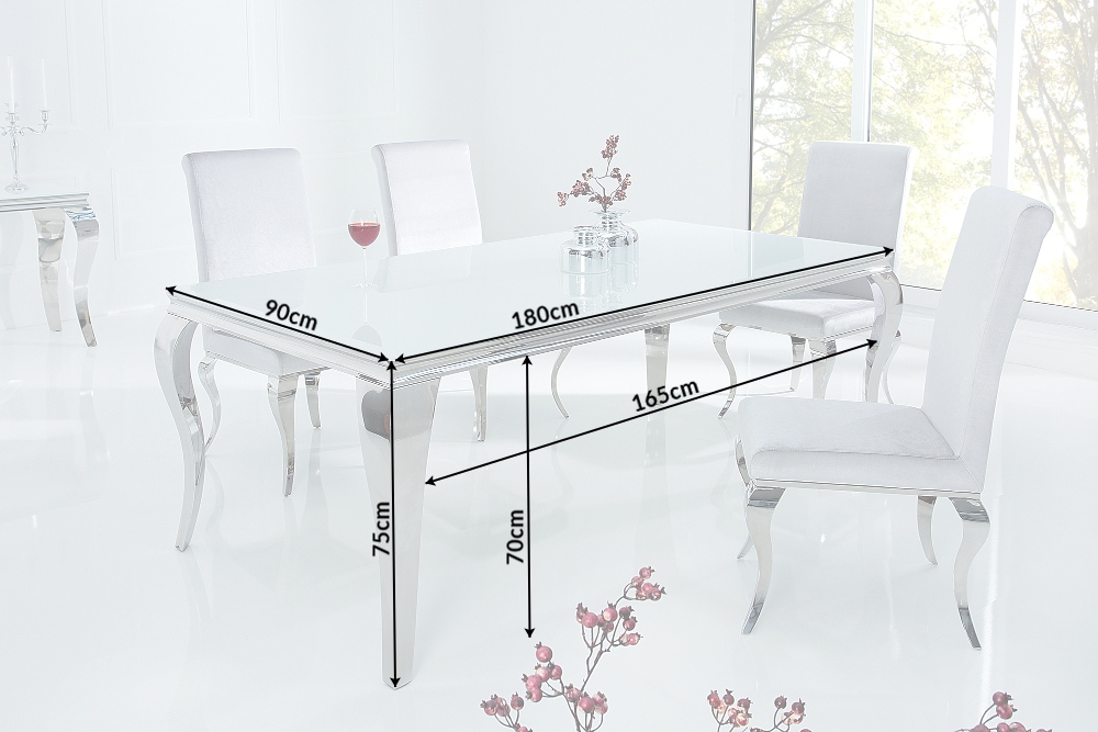 Eleganter Design Esstisch MODERN BAROCK 180cm weiß Opalglas Tischplatte Edelstahl