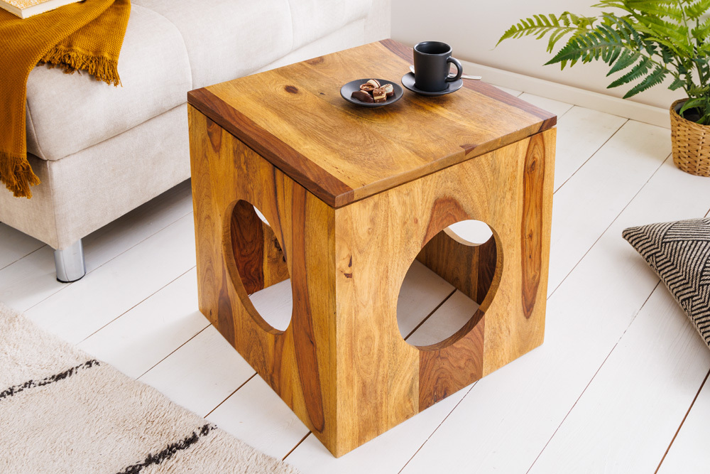 Massivholz Beistelltisch CUBUS 40cm Sheesham stone finish Hocker