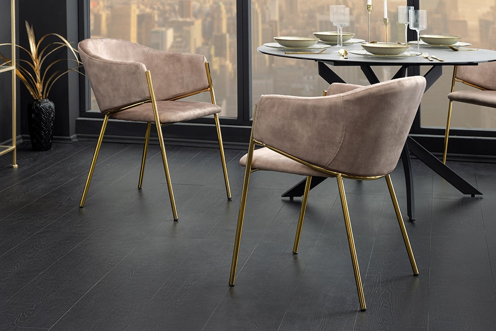 Design Stuhl NOBLESSE champagner beige Samt golden verchromtes Metallgestell
