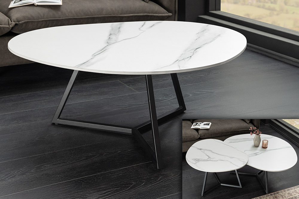 Design Couchtisch MARVELOUS 90cm weiß Marmor Keramik schwarzes Metall