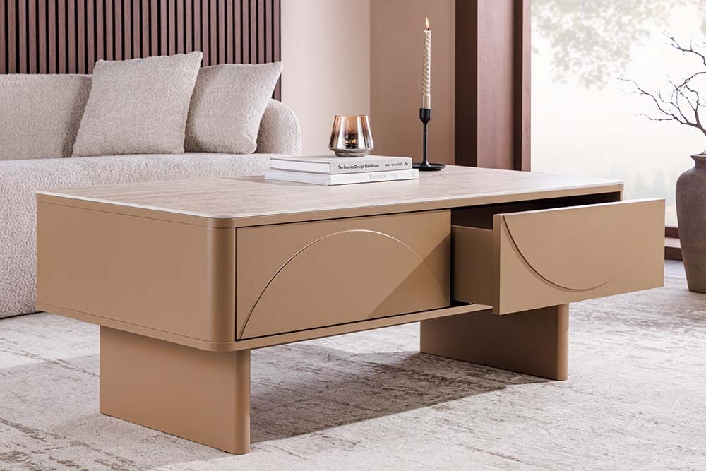 Design Couchtisch SAVOY 120cm grau beige greige Keramik Travertin mit Schublade