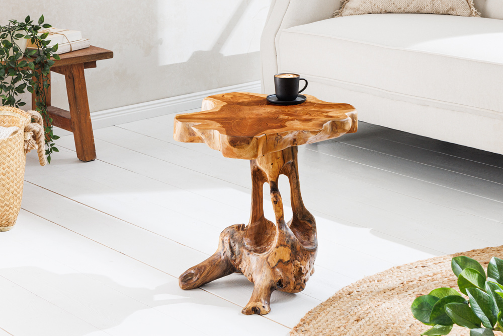 Massivholz Beistelltisch ROOT 40cm natur Teak aus Wurzelholz im Stelzen-Design