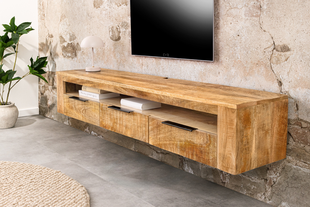 Hängendes TV-Board IRON CRAFT 160cm natur Mango Massivholz drei Schubladen Lowboard