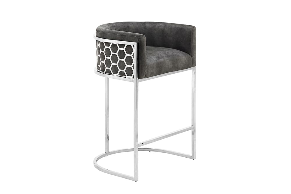 Stilvoller Barhocker ELEGANCE grau Samt silber Edelstahl mit Armlehne und Fußablage