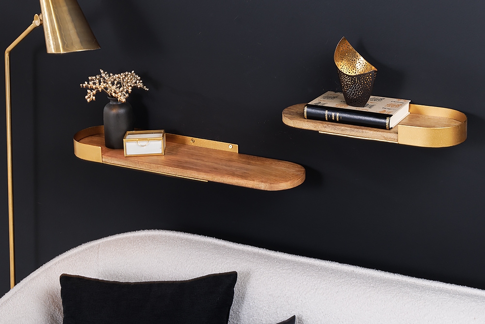 Modernes 2er Set Wandregal PURE NATURE 60cm gold Mangoholz massiv Metall handmade Modernes 2er Set Wandregal PURE NATURE 60cm gold Mangoholz massiv Metall handmade