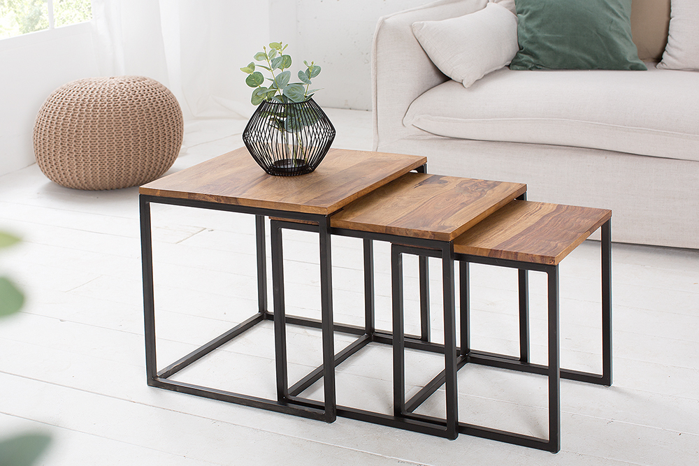 3er Set Beistelltisch ELEMENTS 40cm braun Sheesham Massivholz stone finish Metall