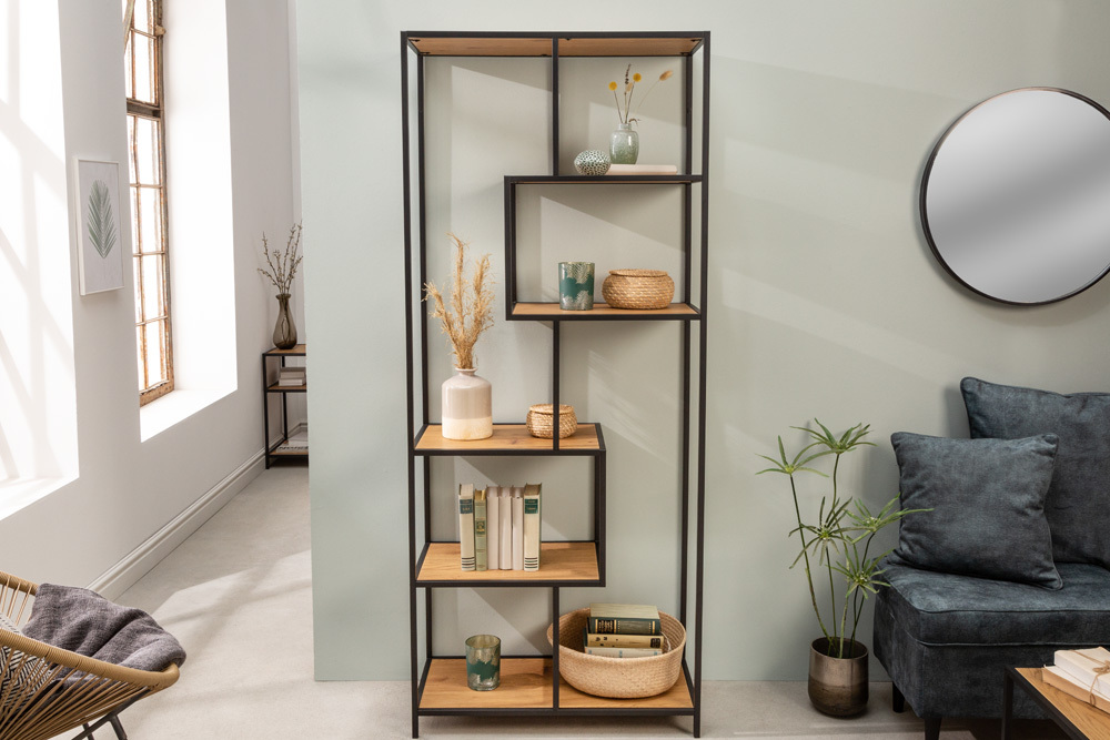 Industrial Bücherregal SLIM LINE 185cm Wildeiche schwarz sechs Regalböden