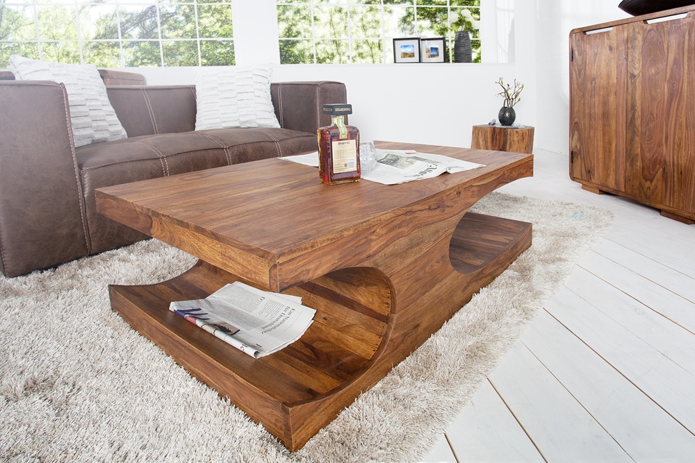 Design Couchtisch CUBUS 120cm braun Sheesham Massivholz stone finish mit Stauraum