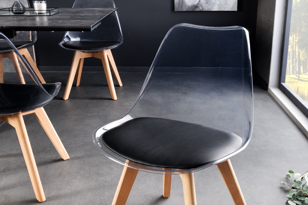 Design Stuhl SCANDINAVIA MEISTERSTÜCK transparent schwarz Kunststoff Buchenholz natur