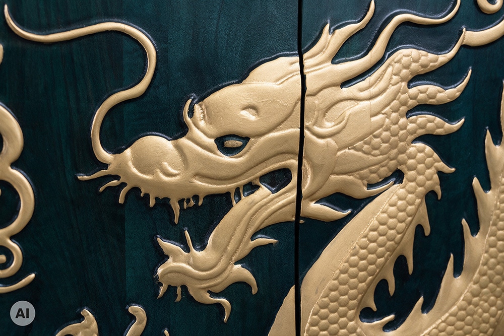 Massives Sideboard DRAGON 180cm türkis gold Mangoholz Metall 3D-Front handmade