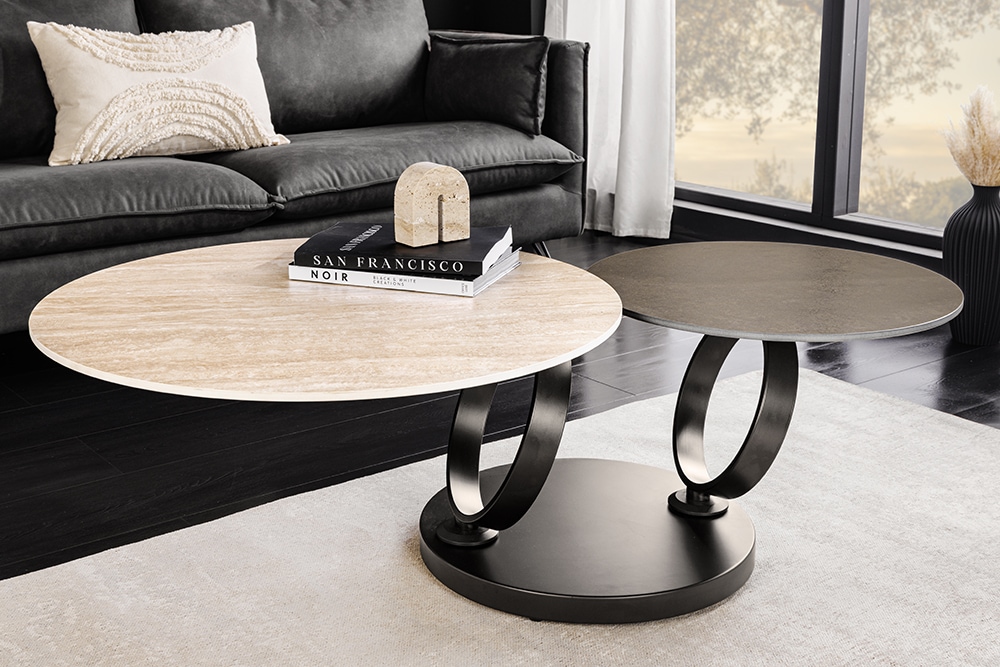 Design Couchtisch DANCING RINGS rost rund drehbar Travertin Keramik schwarz Gestell