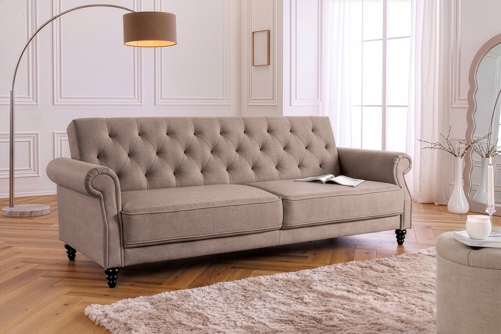 Schlafsofa MAISON BELLE AFFAIRE 220cm greige Vogue Seiden Samtstoff 3-Sitzer