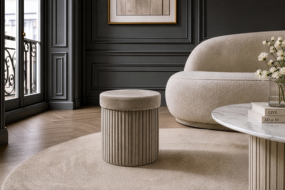 Runder Hocker ÉLAN 40cm champagner greige Samt faltbar mit Stauraum