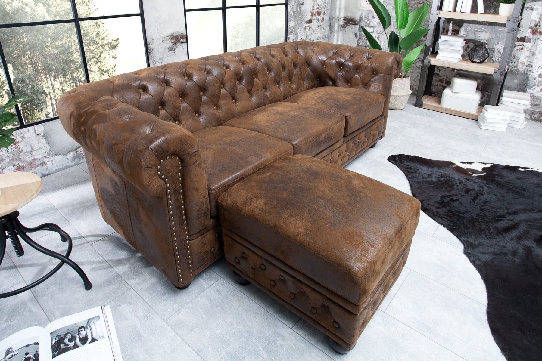 Chesterfield 3-Sitzer Sofa 205cm antik braun Microfaser Federkern Knopfheftung