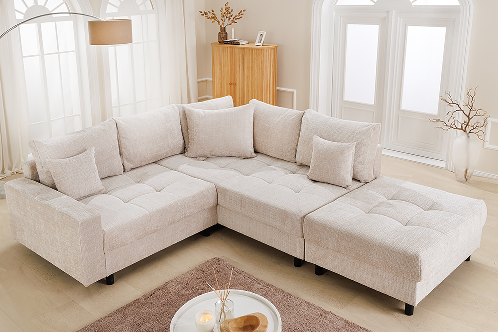 Modernes Ecksofa KENT 220cm champagner beige Chenille Cremona Federkern Wohnlandschaft mit Hocker