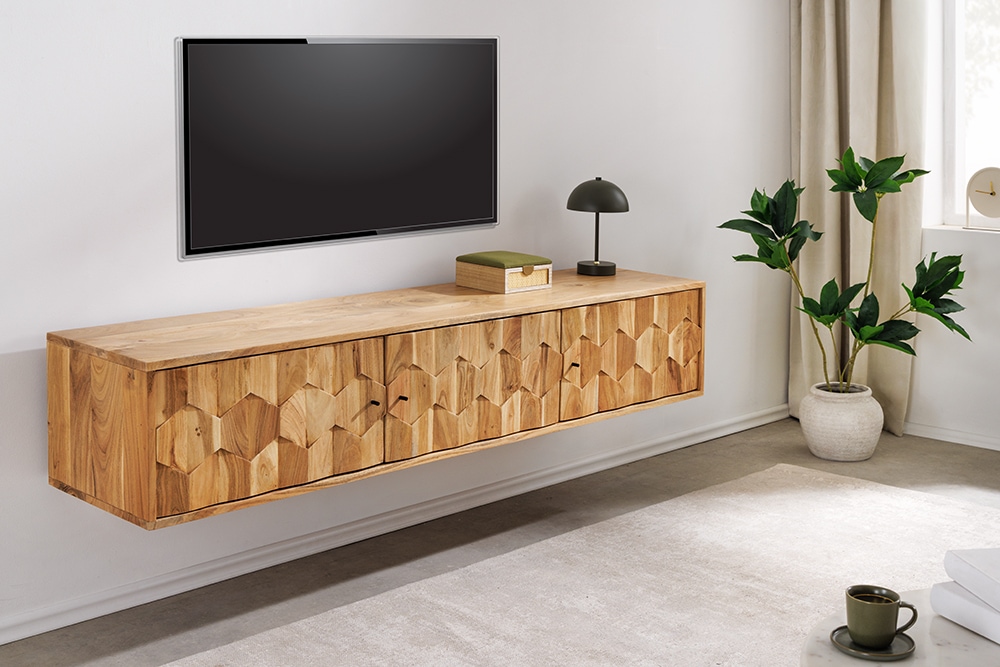 Hängendes TV-Board MYSTIC LIVING 160cm Akazie natur 3D Oberfläche Massivholz