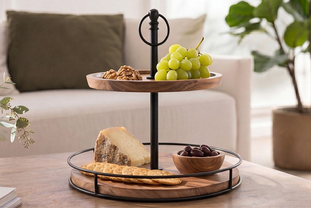 Massivholz Etagere PURE NATURE 40cm Mango rund mit zwei Etagen schwarzes Metall