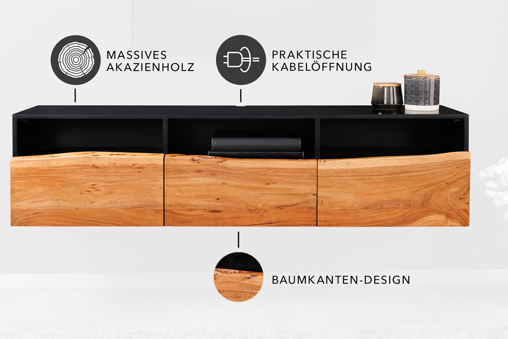 Hängendes TV-Lowboard ORGANIC ARTWORK 140cm anthrazit Akazie Massivholz Baumkante