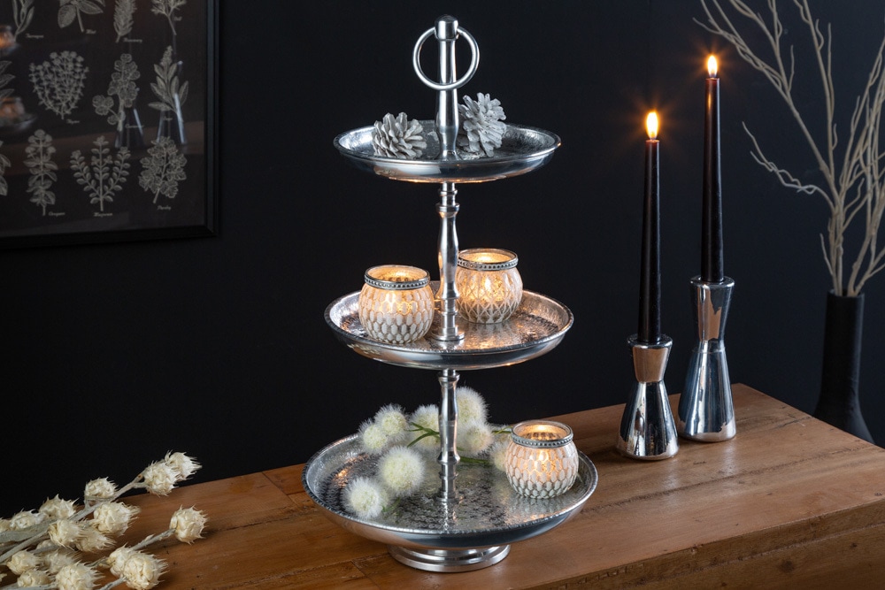 Design Etagere ORIENT 50cm silber im Wild Hammerschlag mit drei Etagen