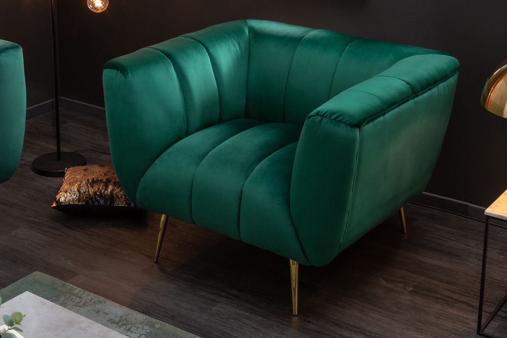 Retro Sessel NOBLESSE 105cm smaragdgrün Samt mit Ziersteppung