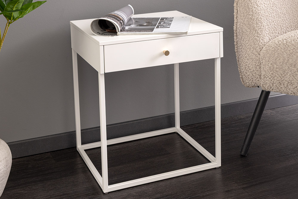Industrial Beistelltisch SLIM LINE 50cm weiß Metall mit Schublade Nachttisch