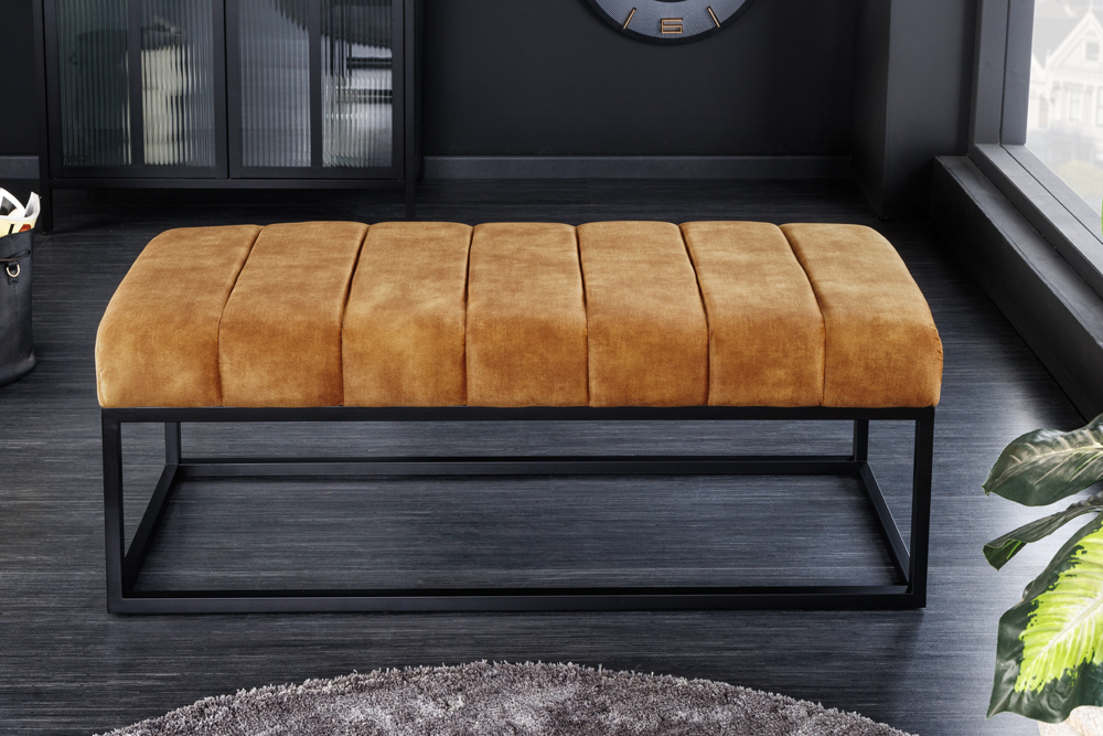 Moderne Sitzbank PETIT BEAUTÉ 110cm senfgelb Samt schwarzes Metallgestell