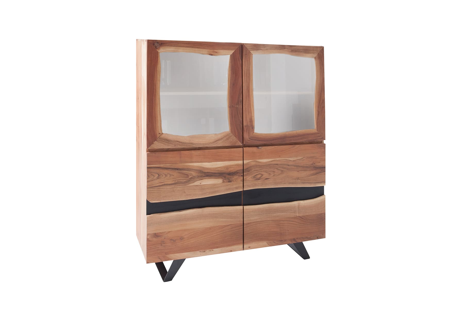 Massives Highboard AMAZONAS 140cm Akazie Metall Vitrine Baumkante