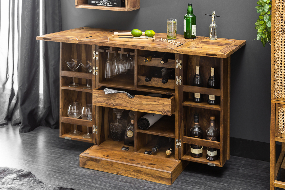 Handgearbeiteter Barschrank MOSAICO 130cm braun Sheeshamholz stone finish 3D Effekt