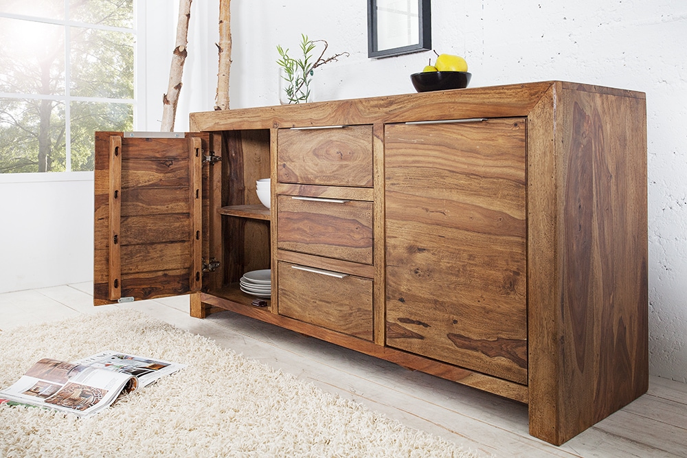 Massivholz Sideboard PURE 135cm braun Sheesham stone finish Kommode mit Schubladen