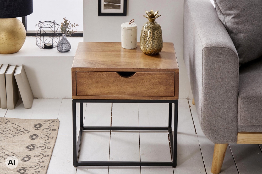 Nachttisch IRON CRAFT 45cm braun honey finish Mangoholz mit Schublade Beistelltisch