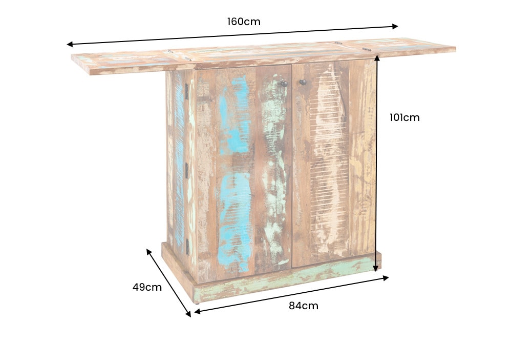 Einzigartiger Barschrank JAKARTA 100cm natur bunt recyceltes Massivholz aus Fischerbooten