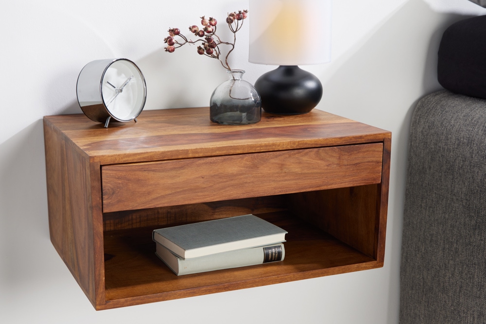 Hängender Nachttisch PURE 50cm braun Sheesham Massivholz stone finish Regal Schublade