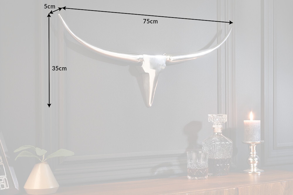 Moderne Design Wanddekoration BULL 75cm silber Aluminium Stierkopf