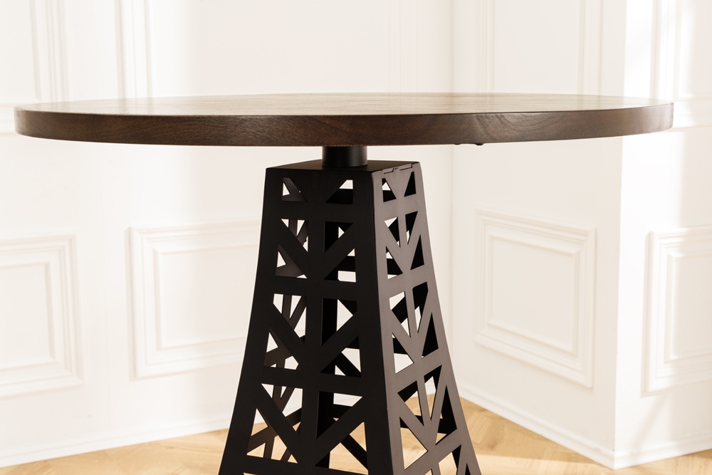 Runder Bartisch PARIS LOFT 105cm dunkelbraun Mangoholz Eiffelturm-Design
