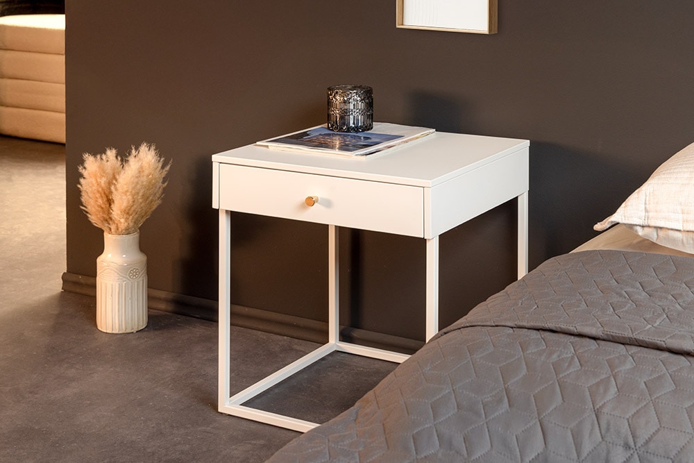 Industrial Beistelltisch SLIM LINE 50cm weiß Metall mit Schublade Nachttisch