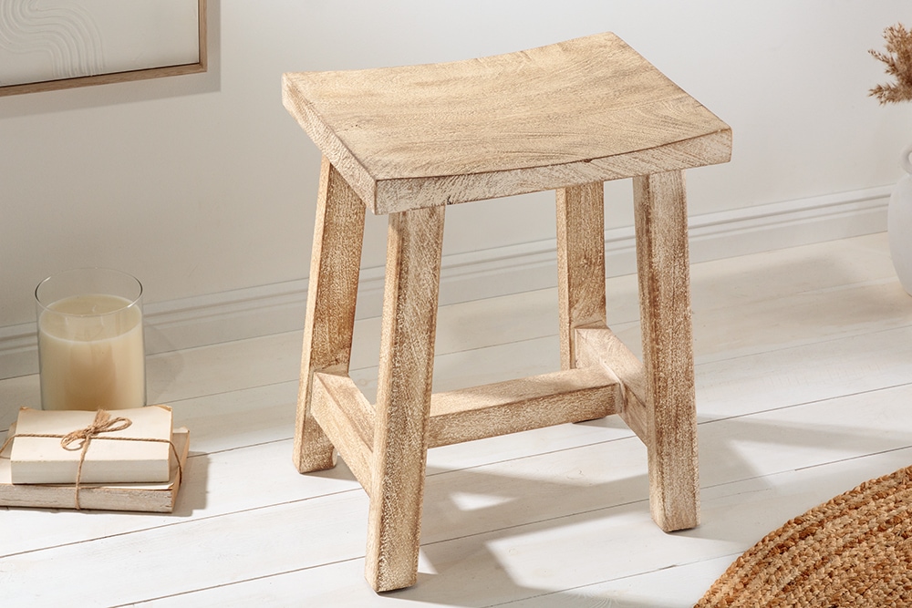 Massiver Hocker FINCA 45cm beige Mangoholz Handarbeit Boho Shabby Chic
