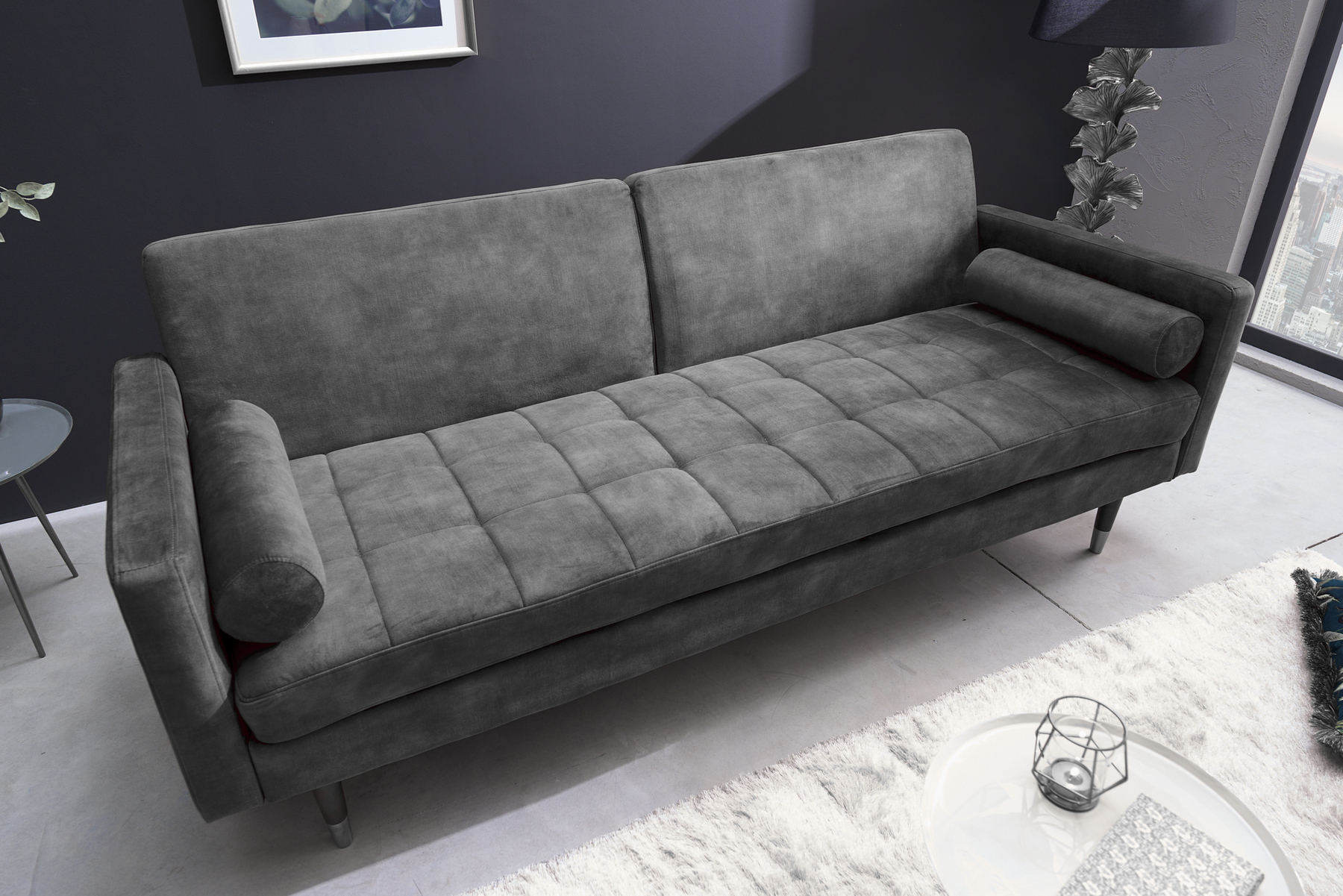 Modernes Schlafsofa COUTURE 200cm grau Microvelours 3-Sitzer Couch mit Schlaffunktion