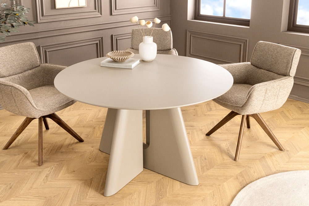 Runder Esstisch ORGANIKO 120cm cement greige mit skulpturalem Säulengestell