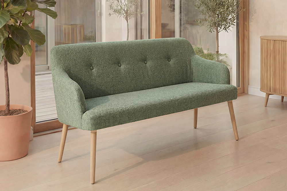 Nordische Sitzbank SCANDINAVIA MEISTERSTÜCK 115cm salbei natur Massivholz mit Armlehne » Jetzt kaufen