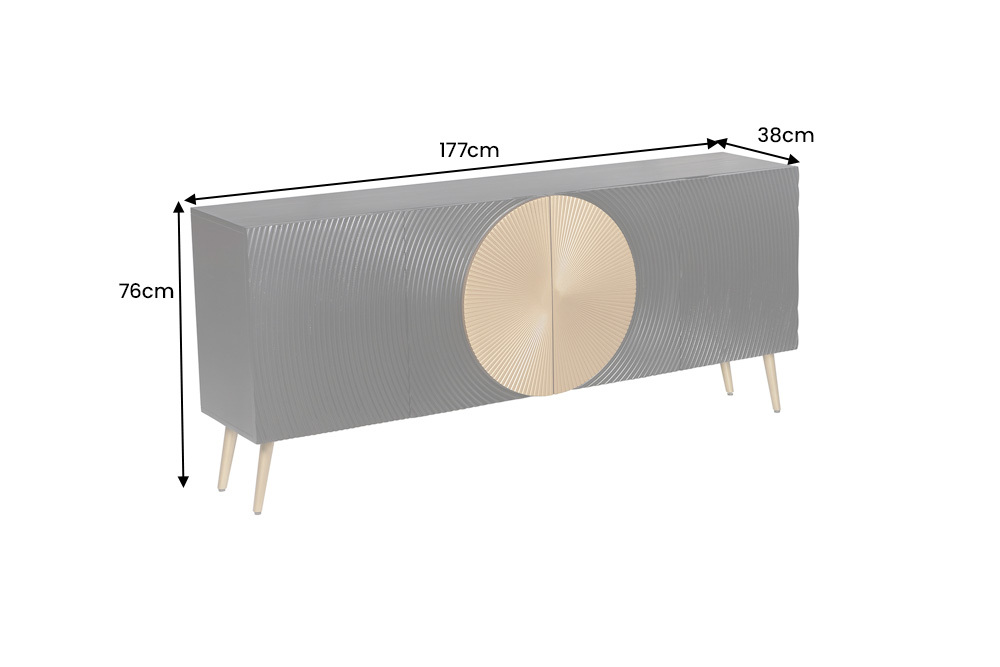 Massives Sideboard AURUM 180cm schwarz Mangoholz mit ikonischem Gold-Element
