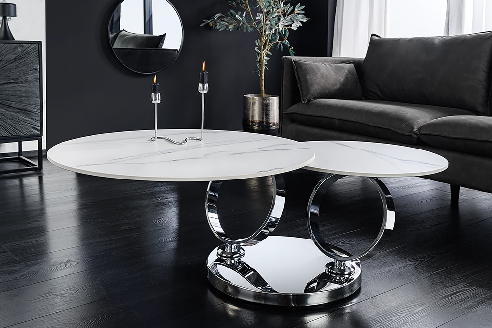 Design Couchtisch DANCING RINGS weiß rund drehbar Marmor Keramik Chrome Gestell
