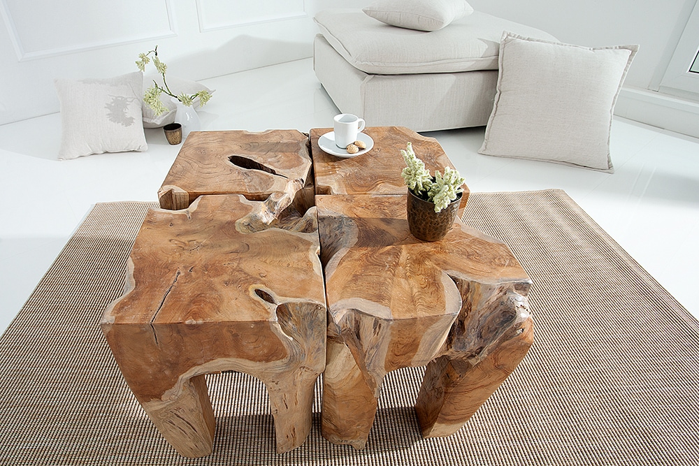 Massivholz Beistelltisch MOLAR 30cm Hocker Teak Block aus einem Stück gefertigt