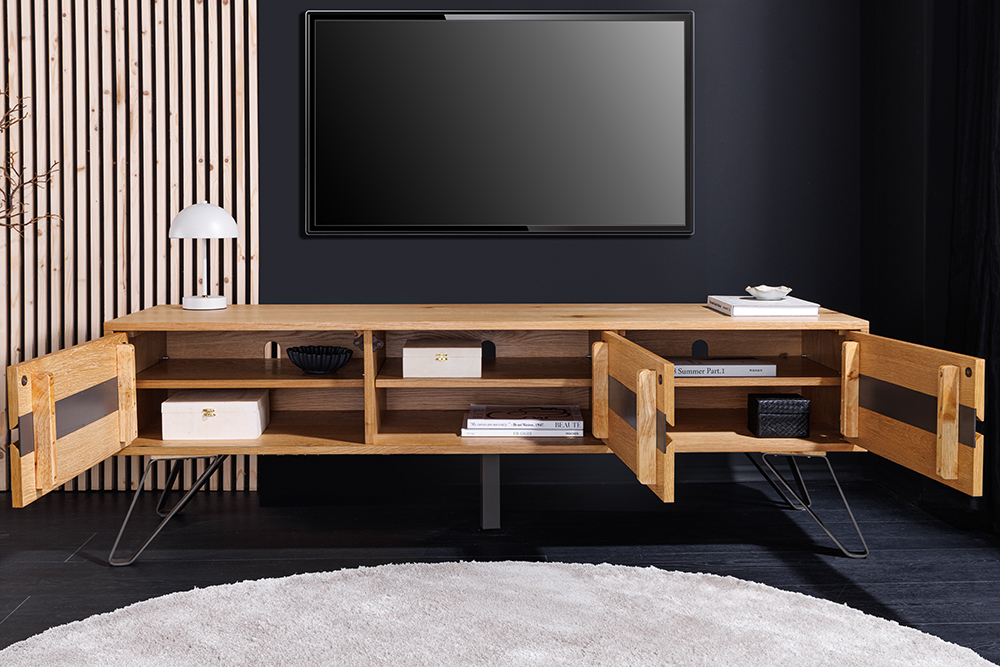 Massives TV-Lowboard LIVING EDGE 160cm natur Eichenholz Baumkante mit Hairpin Legs