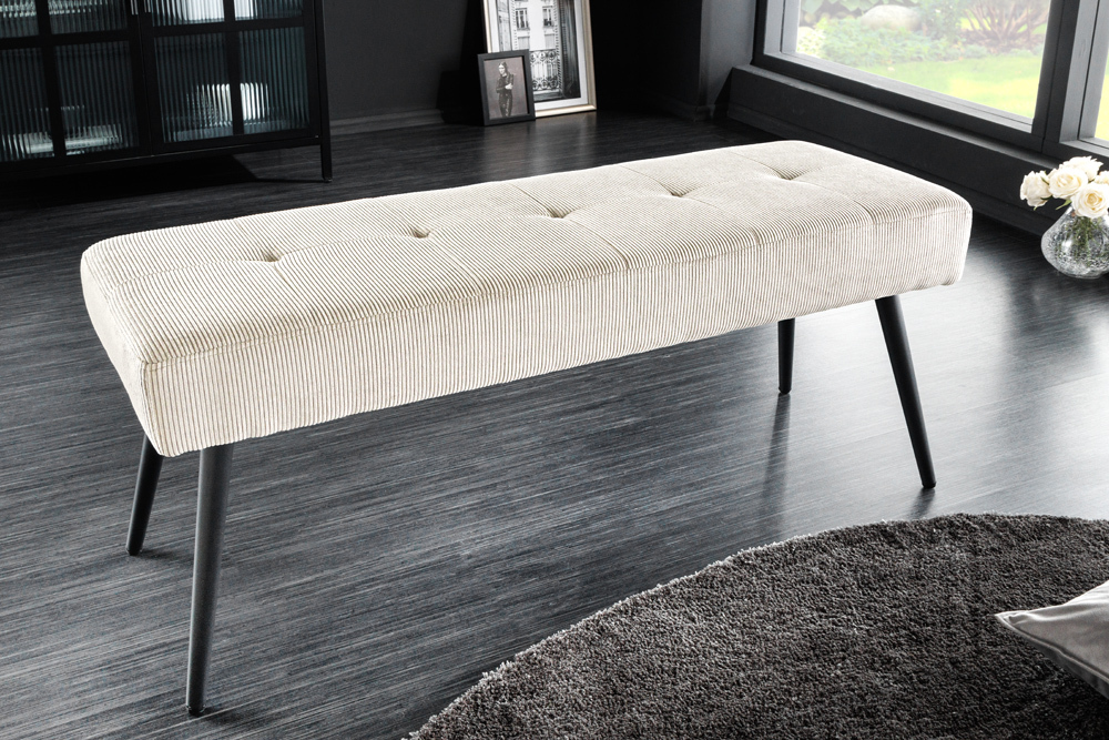 Design Sitzbank BOUTIQUE 100cm beige Cord schwarze Metallbeine Polsterbank
