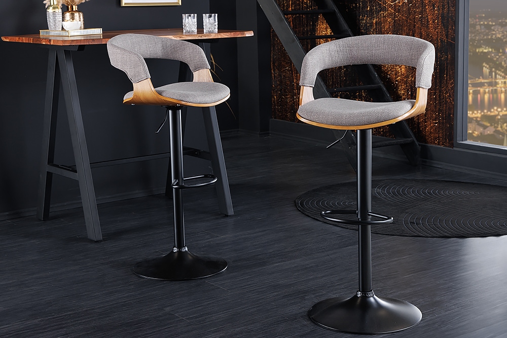 Retro Barhocker MANHATTAN grau Strukturstoff Eschenholz drehbar höhenverstellbar Retro Barhocker MANHATTAN grau Strukturstoff Eschenholz drehbar höhenverstellbar
