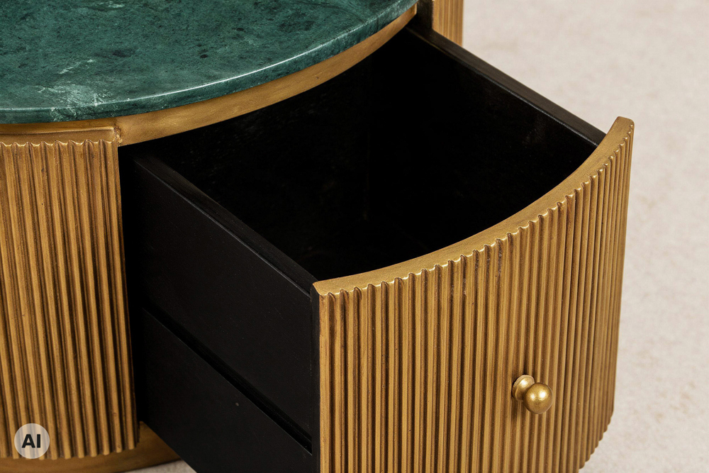 Runder Couchtisch COFFEE TABLE VENEZIANO 70cm messing grün Mangoholz Marmor Schublade