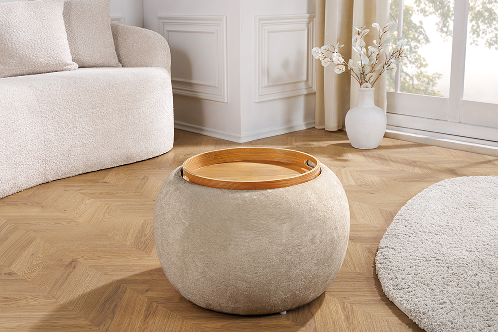 Runder Couchtisch ORBIT 50cm champagner-greige Bouclé Hocker mit Tablett und Stauraum