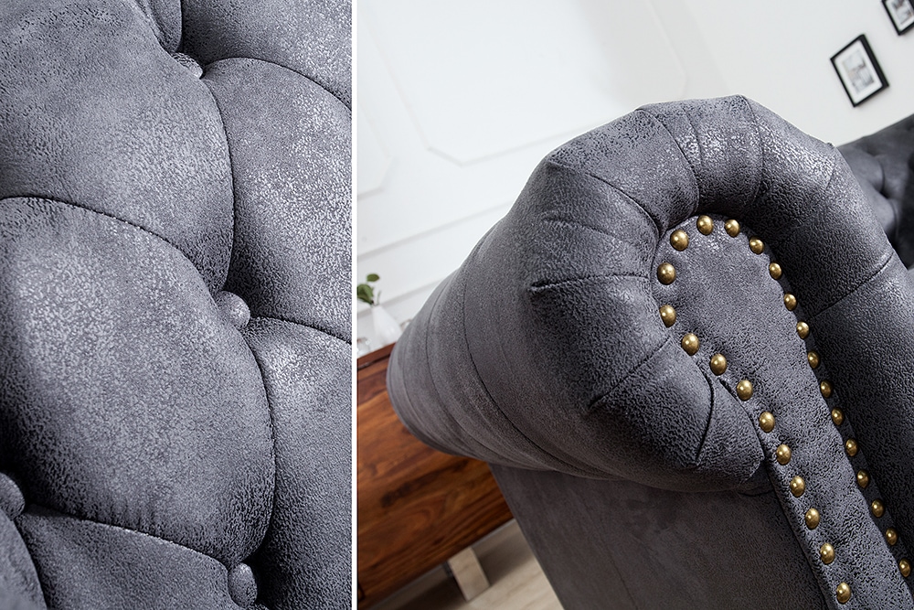Chesterfield 2-Sitzer Sofa 150cm antik grau Microfaser Federkern Knopfheftung